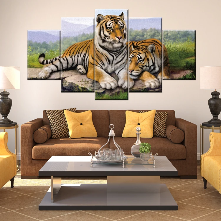 Decor home painting HD 5 pieces two lying tigers painting decoration wall art painting
