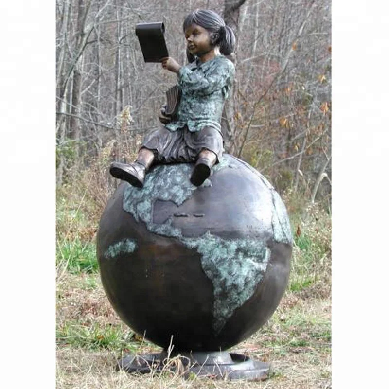 
popular design bronze children cute girl reading book statue for outdoor garden park ornament 
