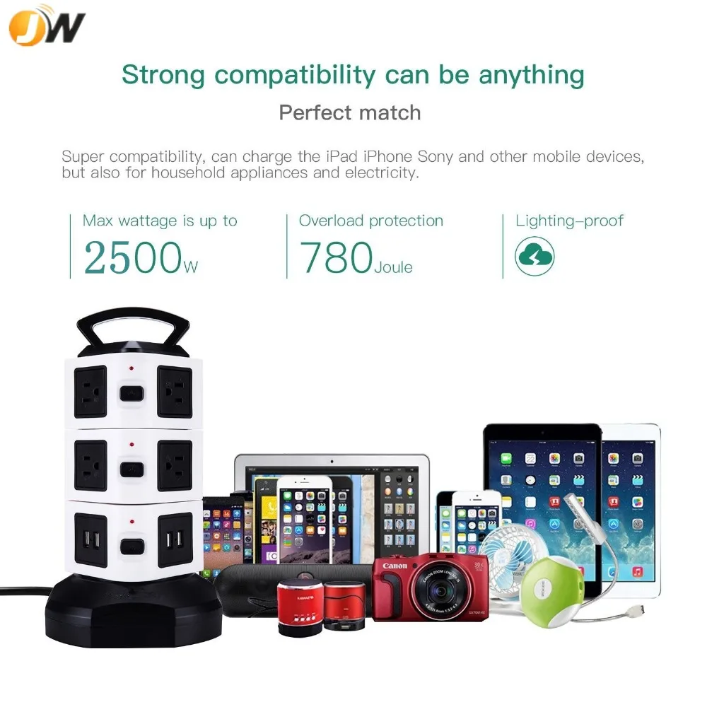 Dongguan Supplier 10 US Outlets 4 USB Ports Vertical Power Strip Surge Protector US Standard Socket