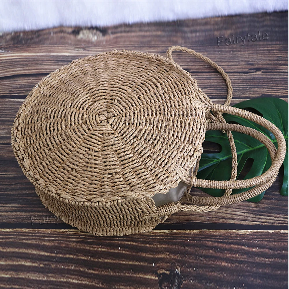 
Vintage Hand Woven Round Beach Bag Handles Sea Bali Straw Bag 