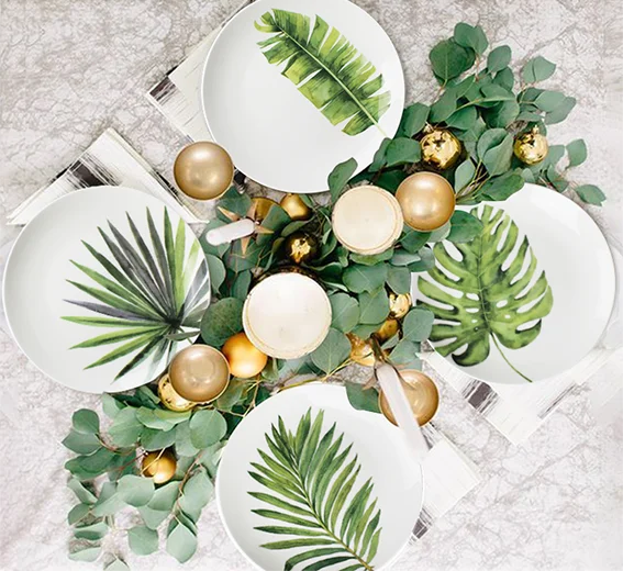 Western Style Tropical Leaves ceramic dinner plate sets, porcelain dinnerware set banana leaf dinner plates