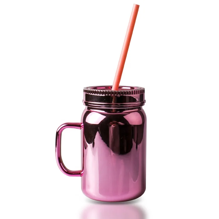 500 ml custom plastic drinking mason jar with handle and straw
