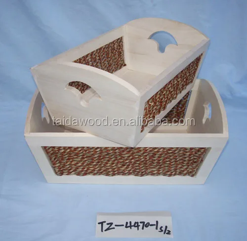 painted storage fruits/red stain wooden tray / wooden crates/ box with rope handle for home, shop, market