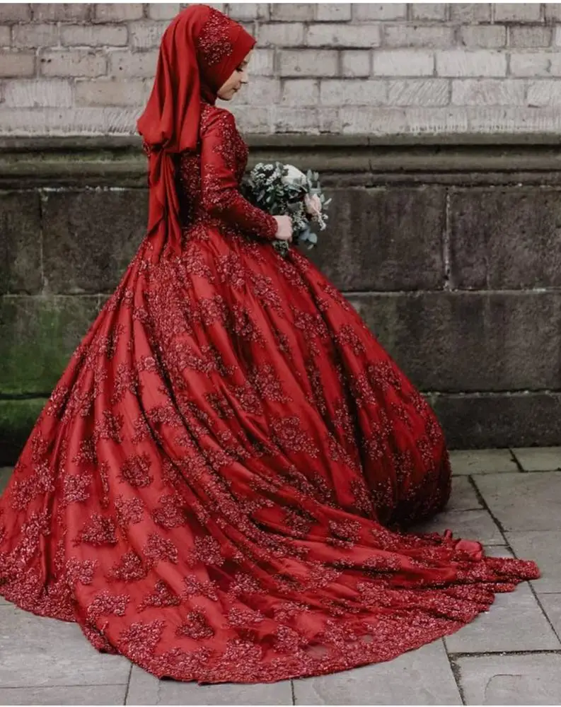 Ball Gown Abaya Muslim Wedding Dresses 2019 Luxury Beaded Lace Appliques Bride Dresses Prom Gowns