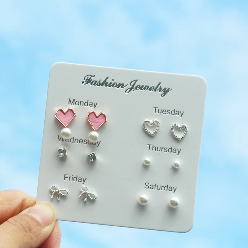 Cute silver needle color-preserving cute ear nail 100 sets of heart feather snowflake stud earing set for women