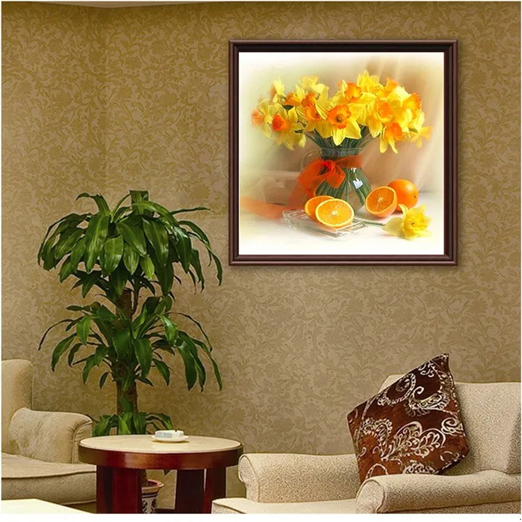 Yellow flower in glass and orange fruit painting on canvas
