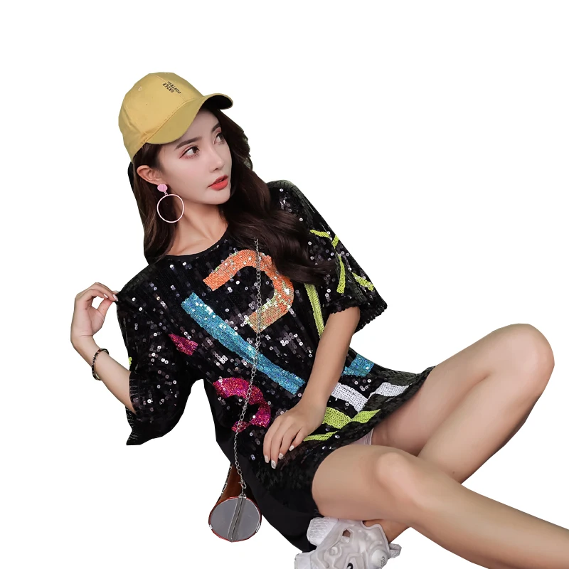 
Women Hip Hop Costumes Clothing performance Sequin Top Shiny Custom T Shirts Dress 