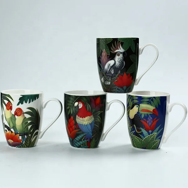 12 OZ 2018 Newly designed parrot and floral printing porcelain mug