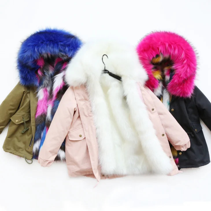 
YY10437G Very beautiful blue fur lined winter coat for children faux fox fur coat 