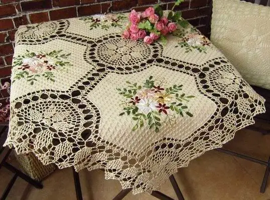 100%cotton crochetlace tablecloth with hand ribbon embroidery