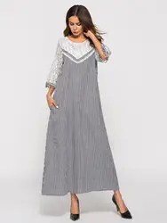 Fashion 3/4 Sleeve Plaid Dress Abaya Muslim Dress For Women