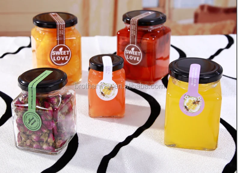 stocked variety of styles and sizes victorian square glass jar for honey, jam