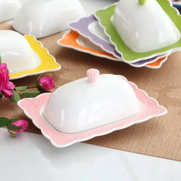 Fashion design colorful butter keeper ceramic butter dish with cover