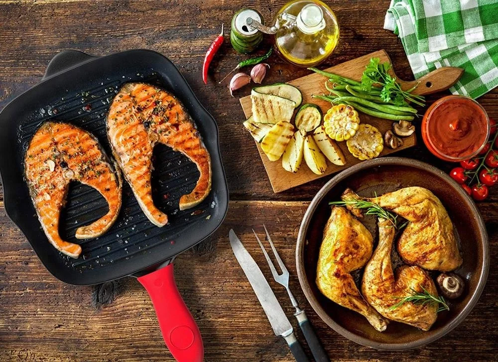 
Pre-Seasoned Cast Iron Square Grill Pan - 11 inch Nonstick Stove Top Grilling Pan for Oven and Vegetables - Silicone Handle Cove 