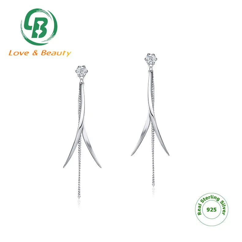 Dainty white gold CZ 925 Sterling silver dangle twisted ribbon drop tassel earrings