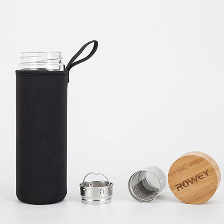 Food Grade BPA Free Travel Size Bamboo Lid Glass Drinking Water Bottle With Tea Infuser