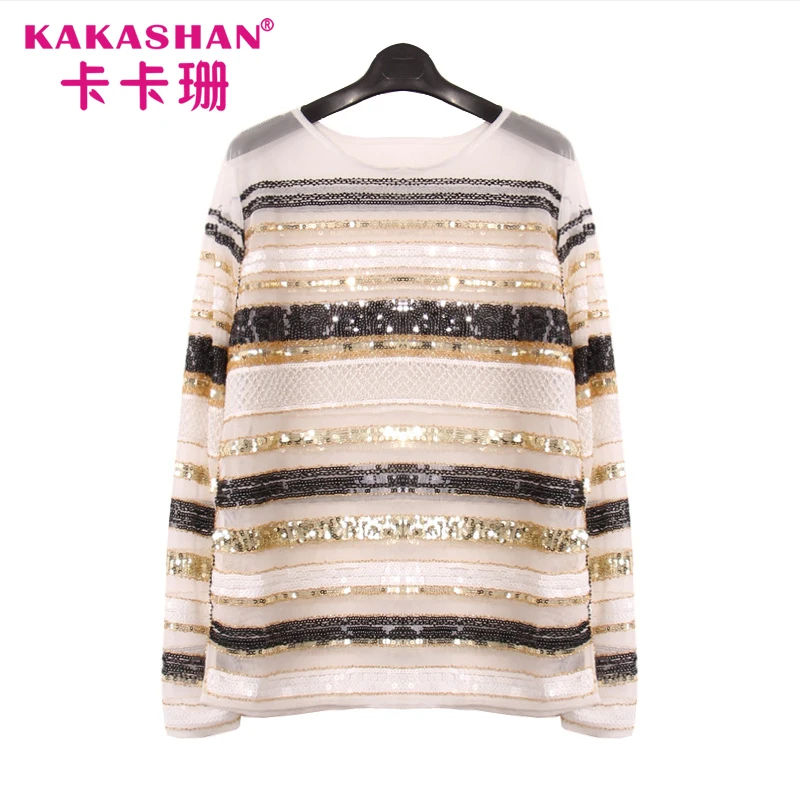 
New Design Ladies Long Sleeve See Through Mesh Beaded Sequin Blouse 