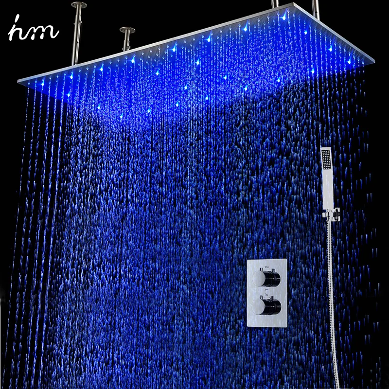 3 Colors Change Led Light Square Brass Big Shower Head , Bathroom Rainfall Mode Shower Sets