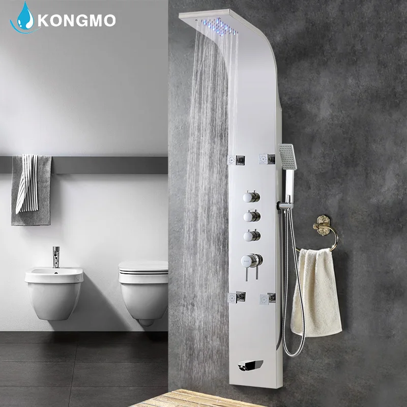
LED Bathroom Shower Panel Multi-Function 304 Stainless Steel Wall Mounted Cold And Hot Water Amazon Hot Sales Matt Black 6209 