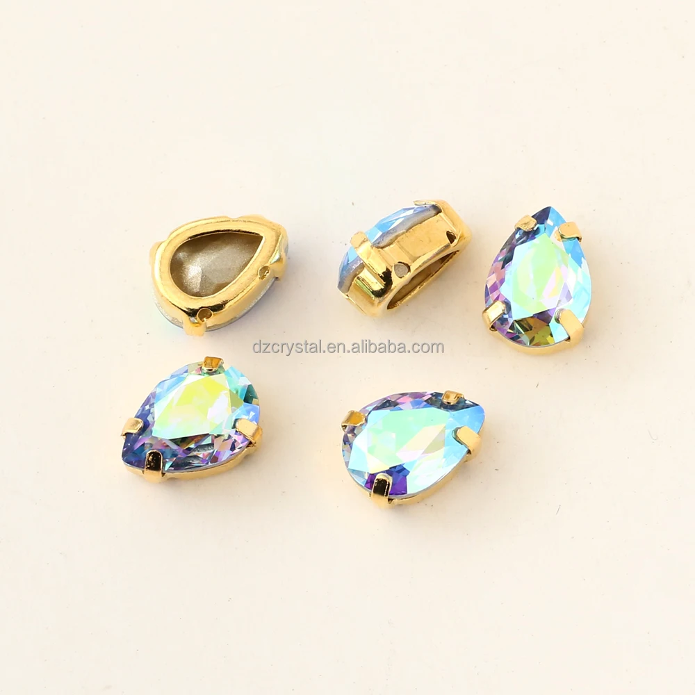Wholesale Water Drop Point Back Crystal Peridot AB Coating Fancy Stone With Metal Claw For Jewelry Making