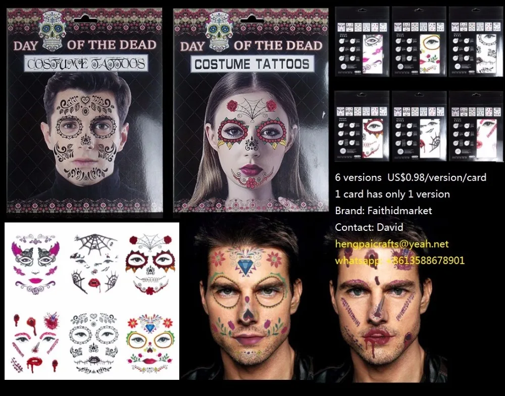 Halloween Temporary Face Tattoos - Scar Spider Blood Bat Rose Floral Tattoos Sticker for Women Men