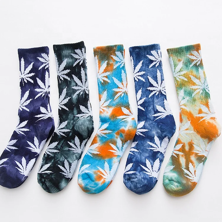 KANGYI Hiphop Sport Socks Custom Tie Dye Socks Maple Leaf Weed Fashion High Quality Cotton 10 Casual Pictures Knitted Men Socks
