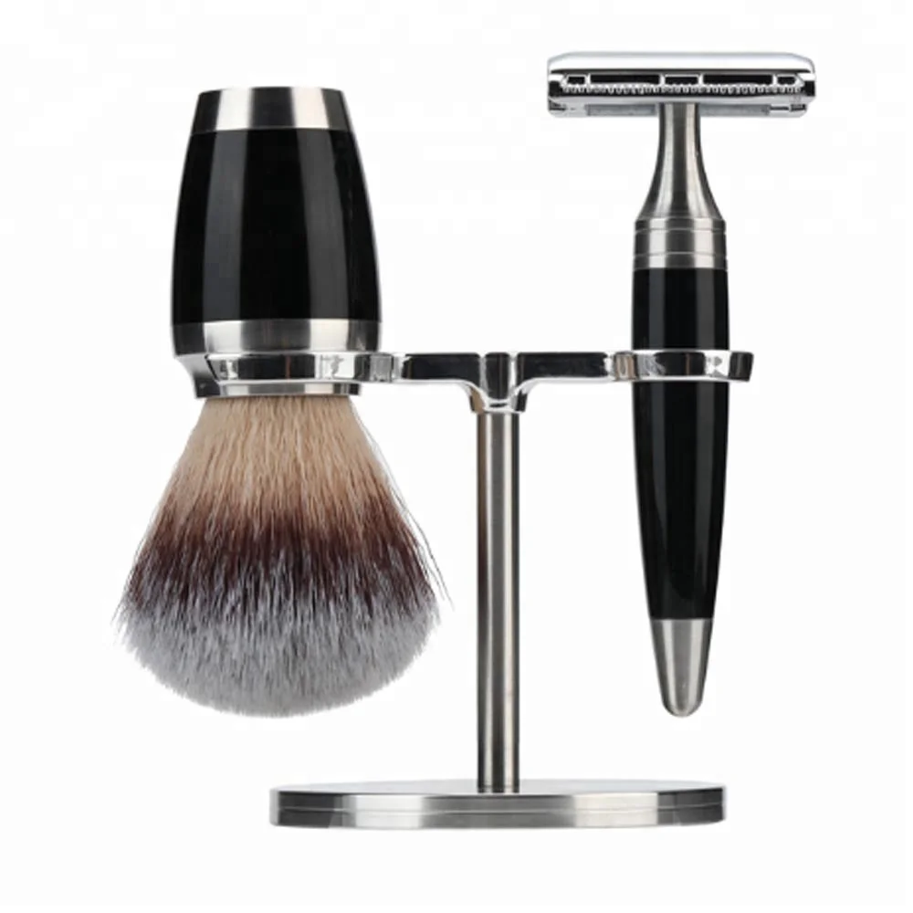 JDK New Patent 3 Piece Shave Set In Silver For Men Badger Hair Shaving Brush and Razor Stand Shaving Set