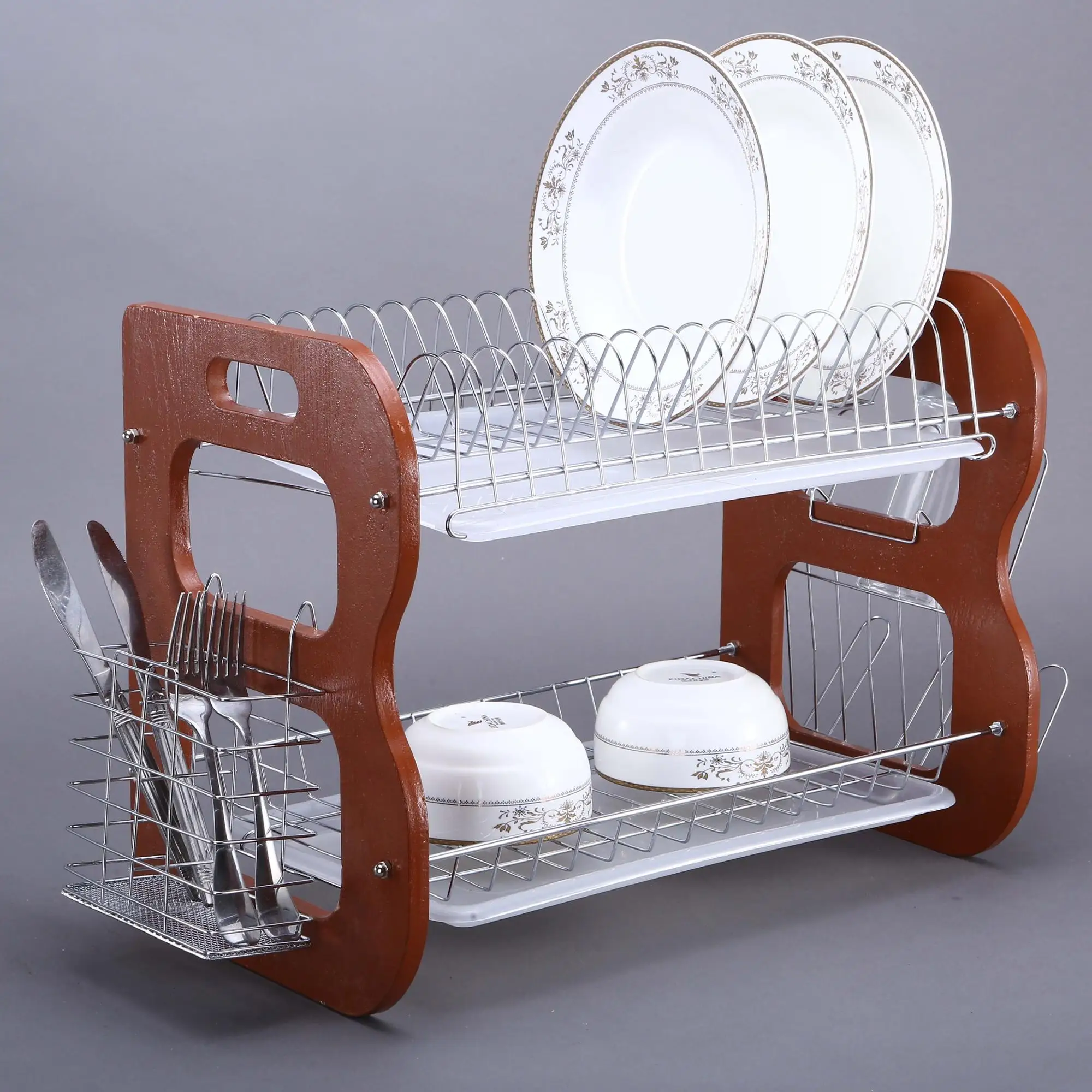 Wooden Kitchen Bowl Plate Organizer Stainless Dish Drying Rack with draier board