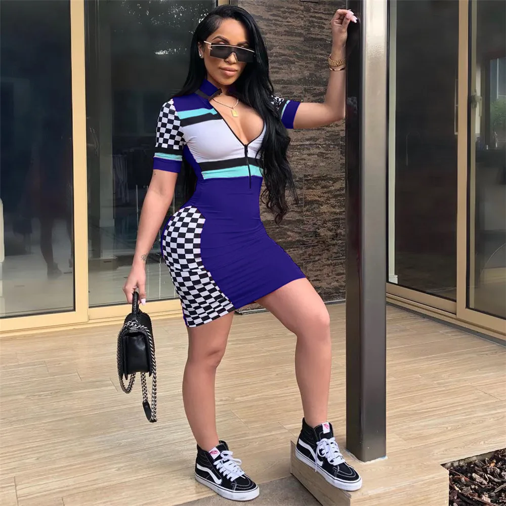 
Ready to ship OEM ODM WA8555 sexy short sleeve sheath zipper front checkered cheerleader dresses 