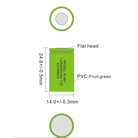 High capacity pkcell  nimh 1.2v  1/2aa 500mAh 600mAh rechargeable battery