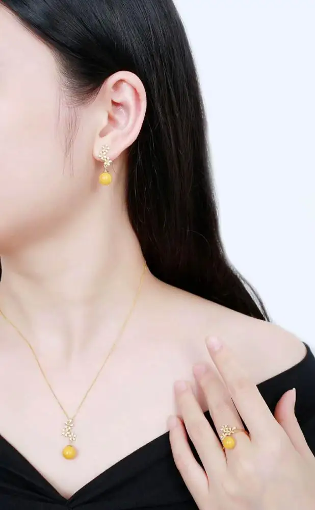 Gemstone Jewelry Manufacturer Wholesale New Design Trendy 925 Sterling Silver Natural Yellow Amber Jewelry Set Women