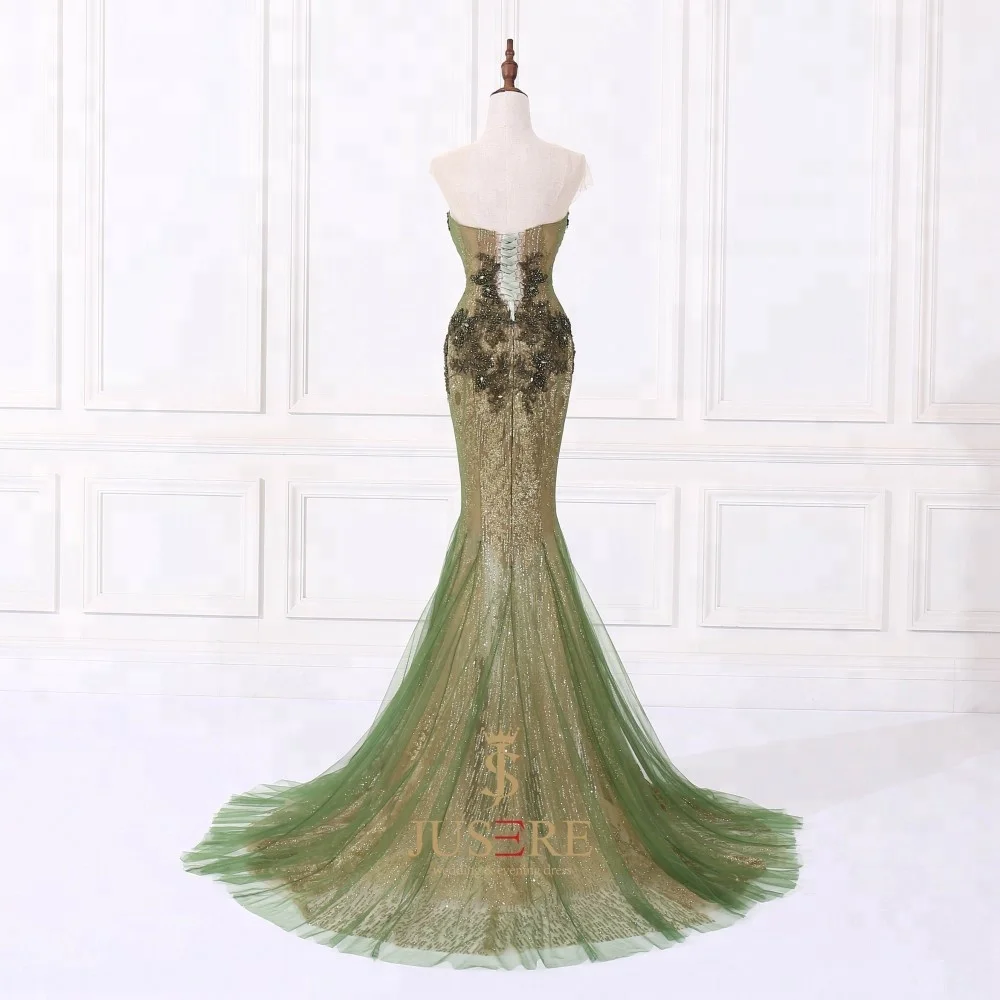 Green Mermaid Embroidered Plunging Neckline Sweetheart  Women muslin Evening Dress Prom Gown