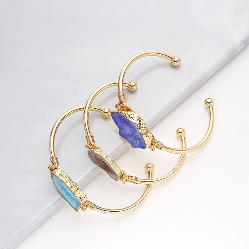 Bojiu Druzy Amethyst Natural Stone Gold Wrapped Bangle Bracelet