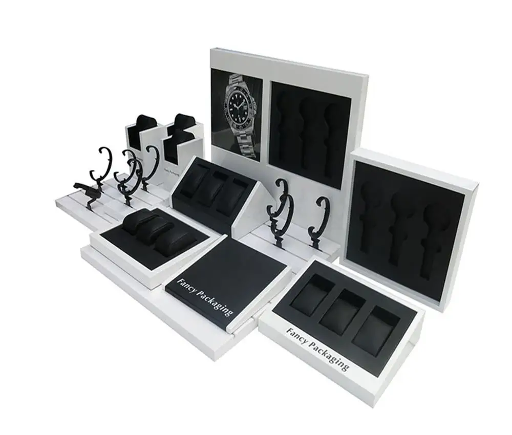 Luxury watch display sets, C clips and pillows display holders new design custom logo wood watch display stand