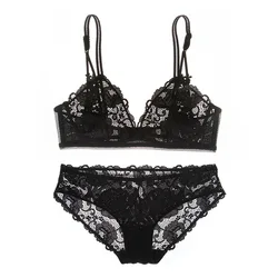 Women Two Piece Lingerie Set Lace Bra Panty Set Triangle Cup Lace Bralette Set