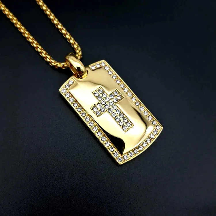 Promo Dog Tag Pendant High Quality Hip Hop Men Stainless Steel Gold Plating CZ Cross Piece Pendant