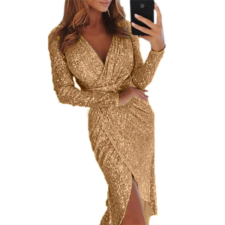 2019 Wholesale Europe and America Long Sleeve Sexy Sequin Pronm Evening Party Dress For Woman