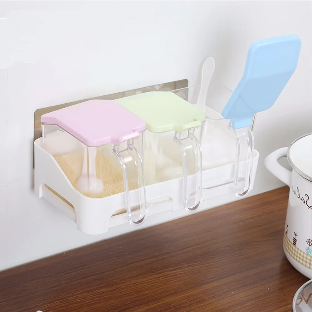 Taizhou Shuangqing Factory wall mount seasoning container plastic seasoning storage box condiment box set with spoon