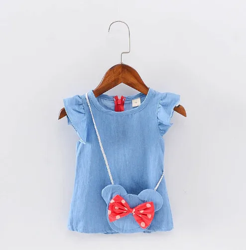 2017 Cotton denim dress girl kids summer children dress with lovely polka dot pocket