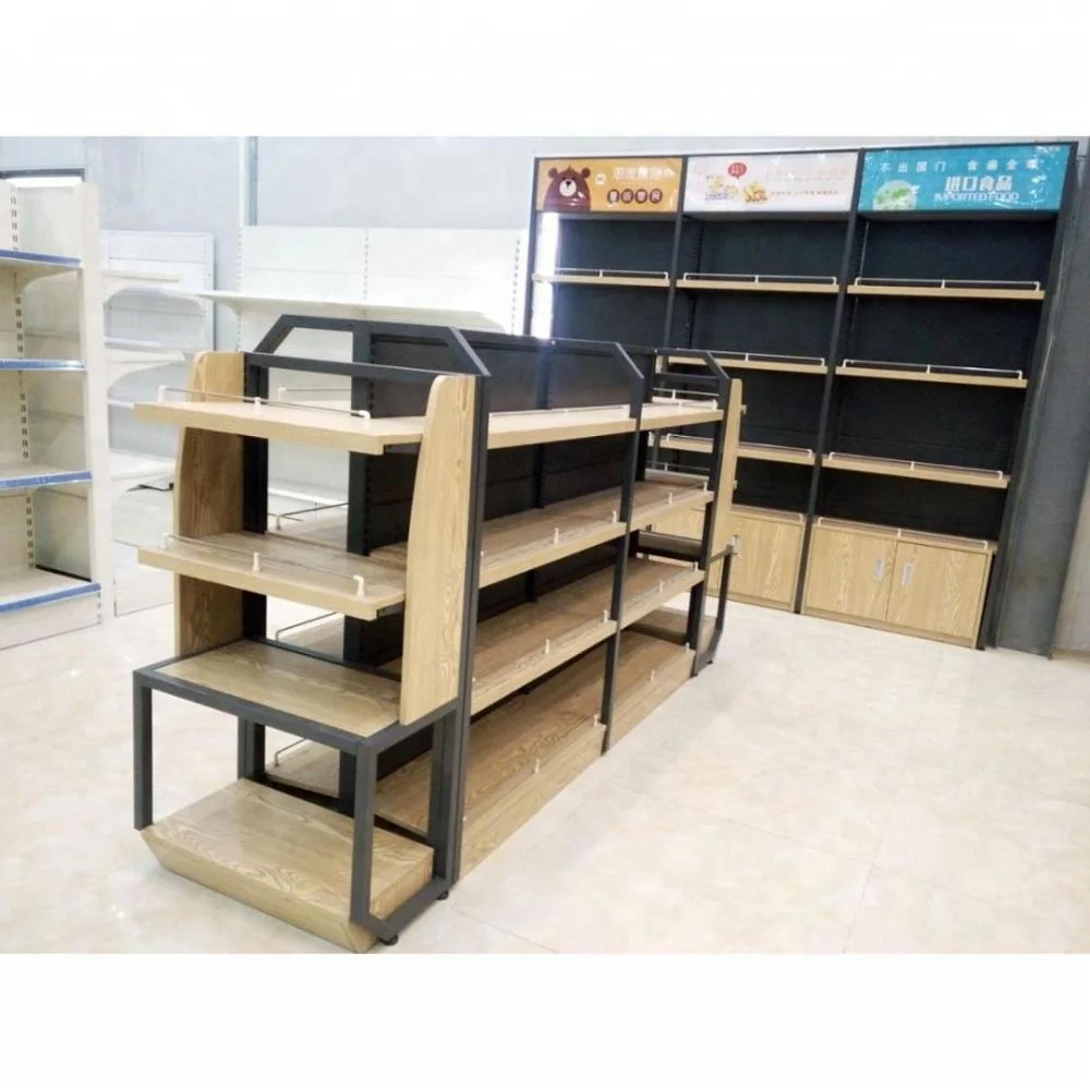 Grocery Metal Back Wooden shelving Pegboard panel Wooden Shelf