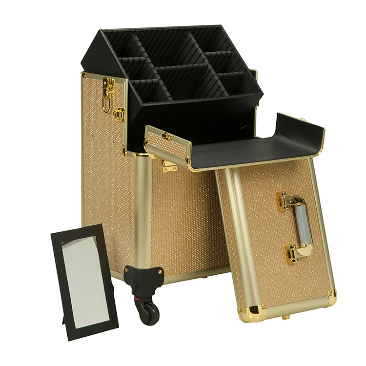 Gold durable bling aluminum suitcase abs trolley makeup artist case