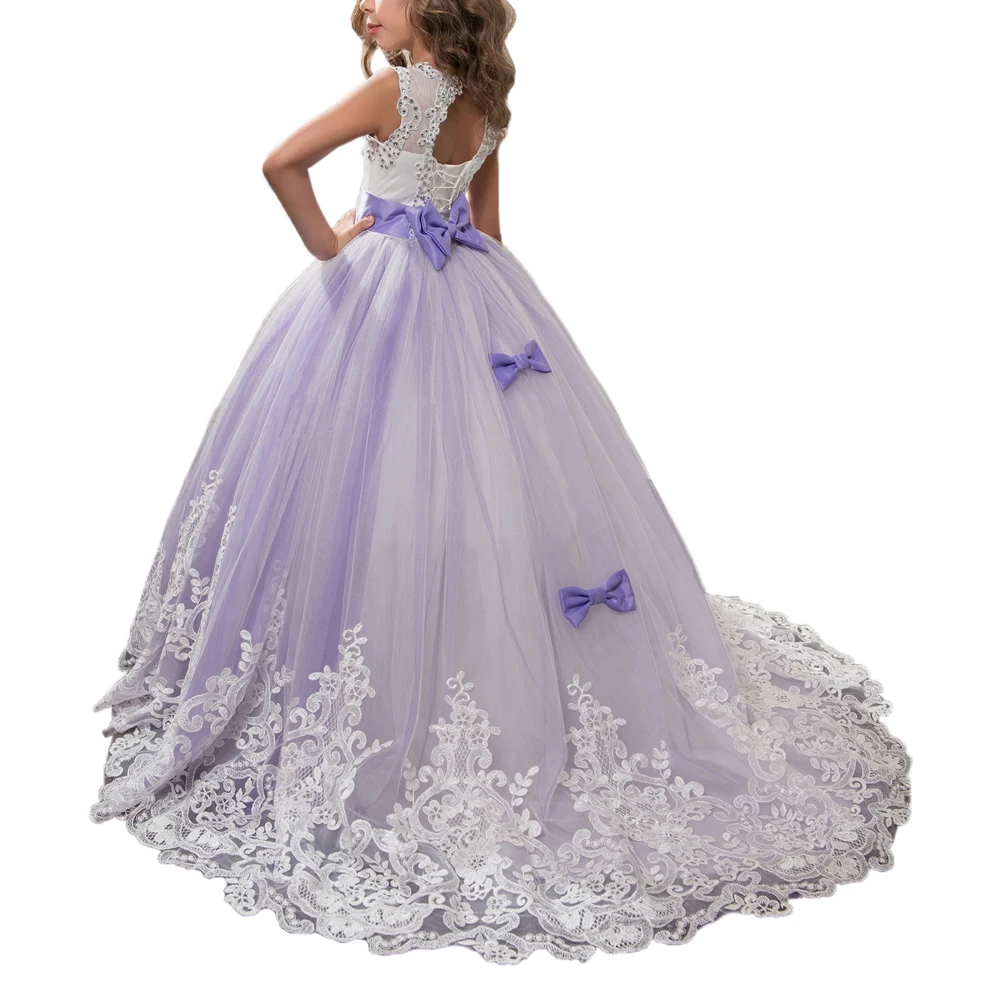 purple  flower girl dresses for 7 years old organza ball gown kids little princess girls party dresses