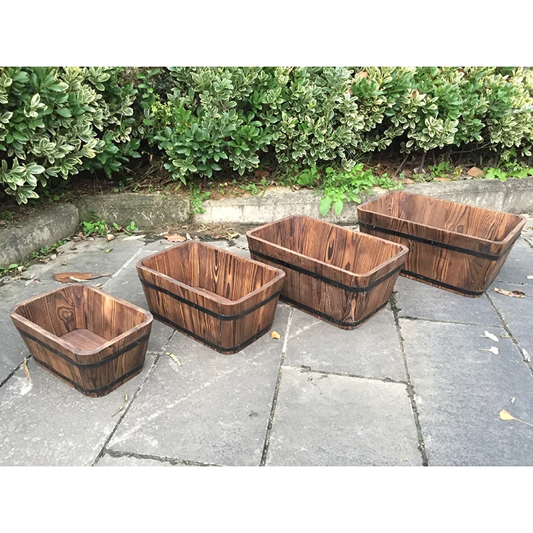 Garden Pot Box Set of 4 Indoor Outdoor Wood Planter With Drainage Holes Wooden Planter Wooden Bucket