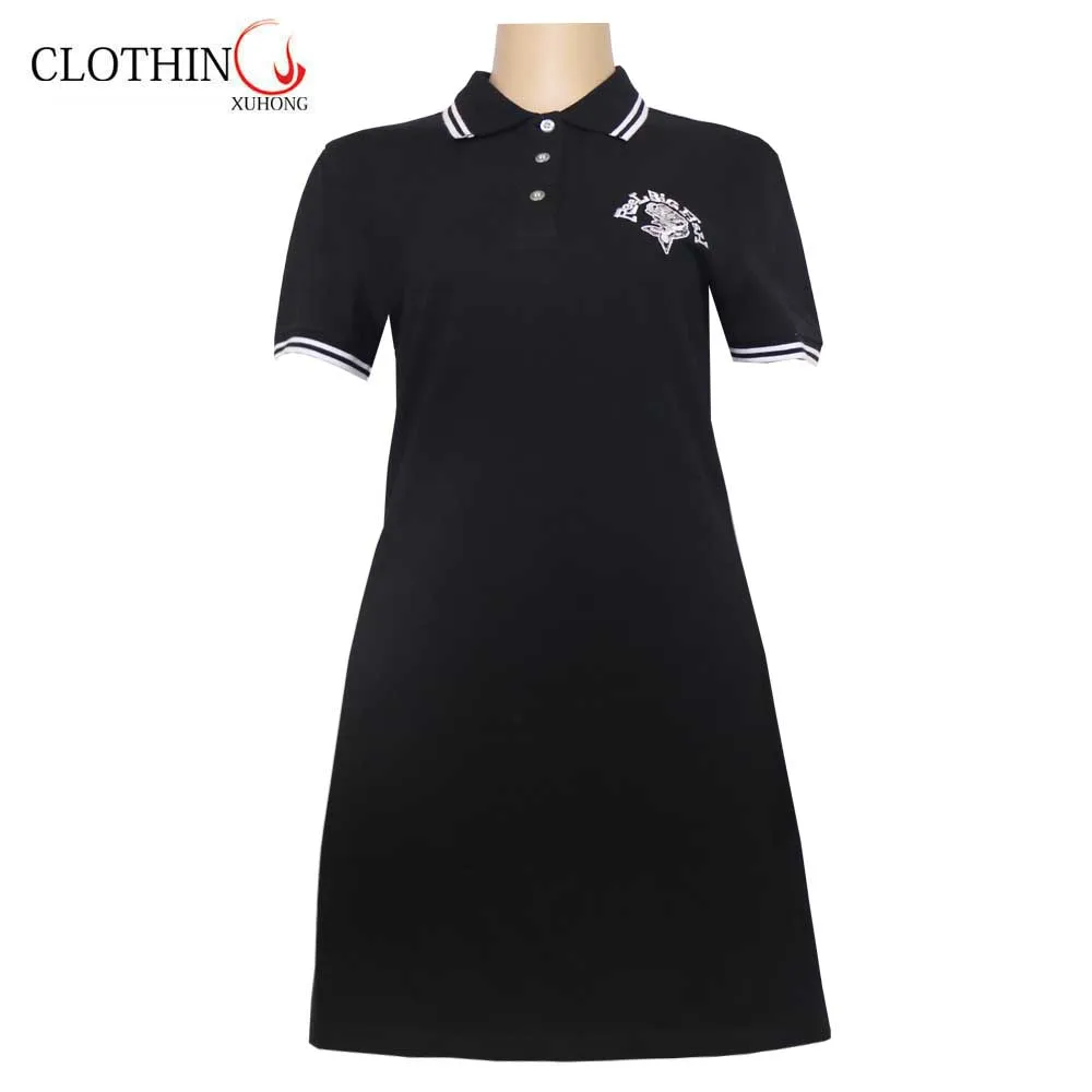 Custom high quality 100% cotton branded organic premium plain black printing label long women hooded polo shirt dress