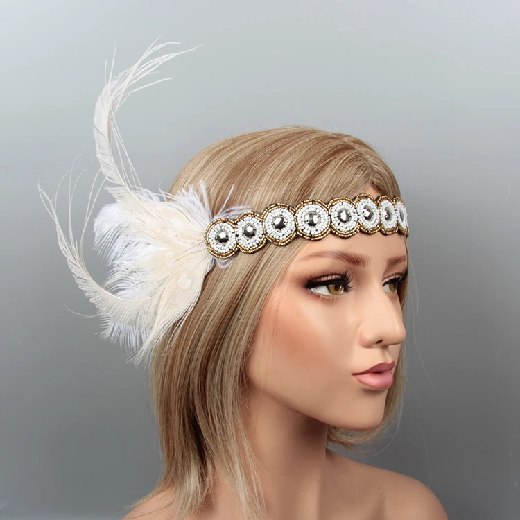 White crystal rhinestones feather headpiece 1920s great gatsby bridal headdress in China