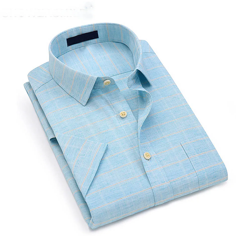 Factory supplier MTM  bespoke logo printing high end mens sky blue summer short sleeve  linen shirt