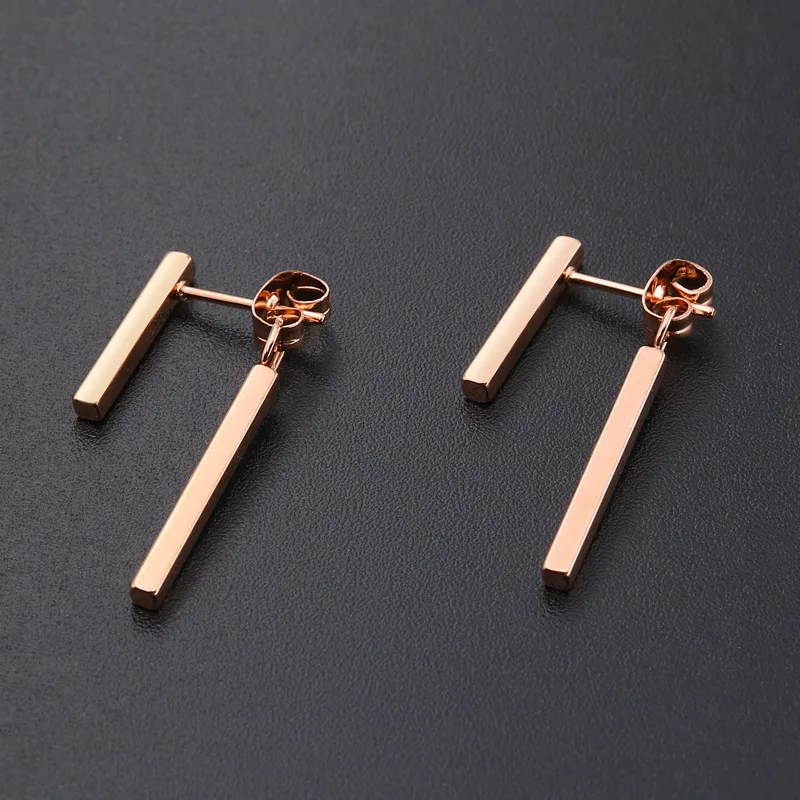 Showfay 18k розовое золото серьги Модные из нержавеющей титановой стали геометрические Двойные квадратные бар Висячие серьги для женщин Вечерний Подарок