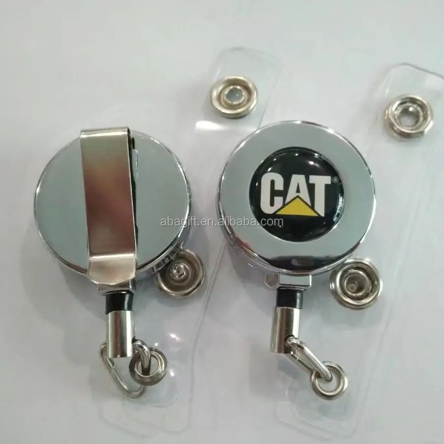 circular chrome plated metal retractable badge reel ID card holder with steel cord