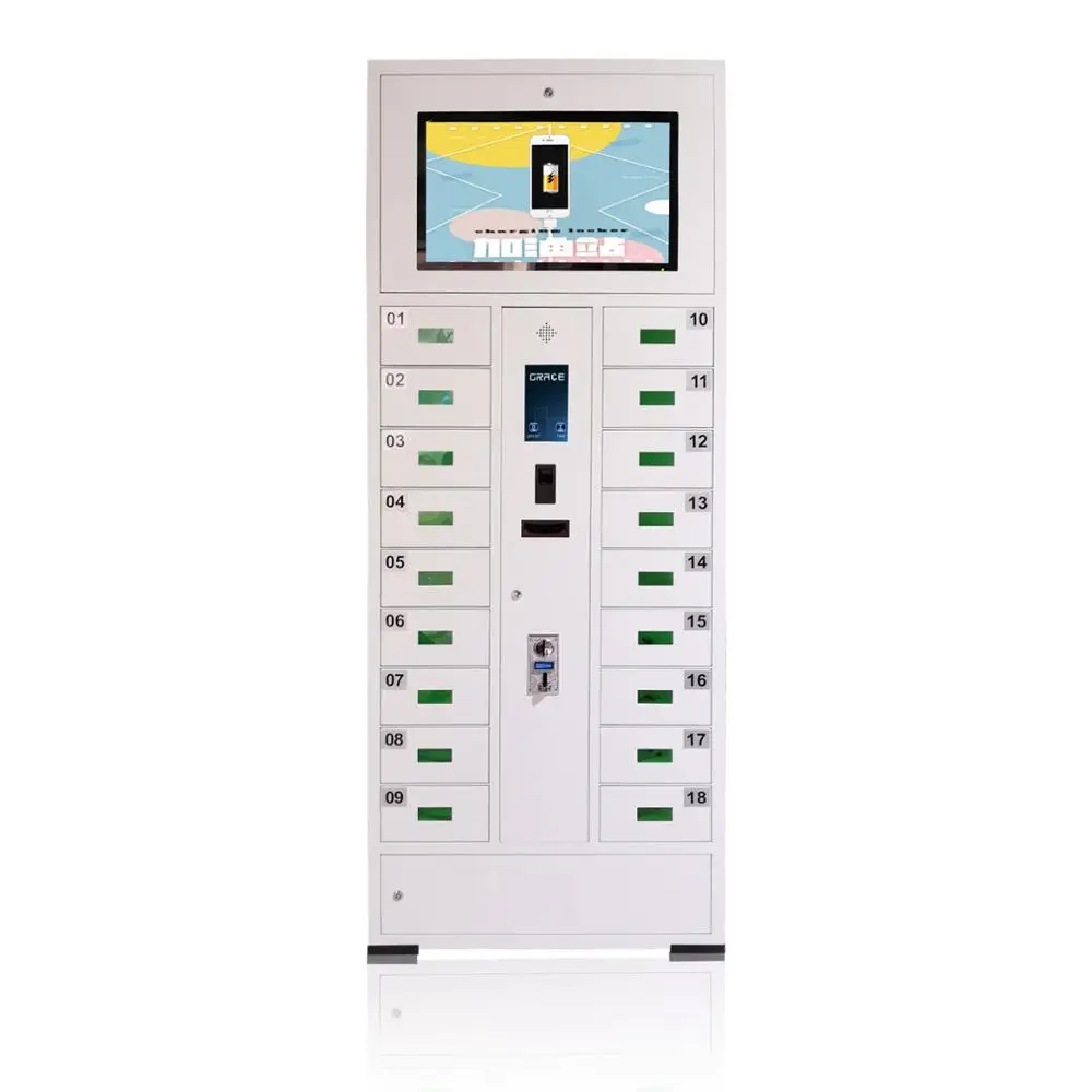 
Multiple restaurant cell phone charging vending station with advertising display function 