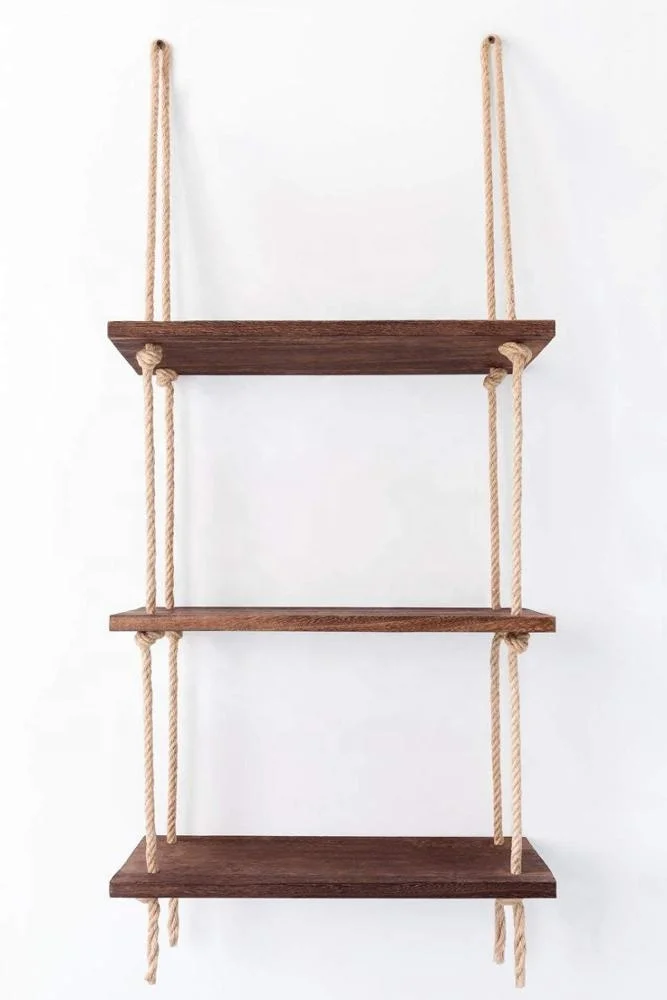 Wood Hanging Shelf Wall Swing Storage Shelves Jute Rope Organizer Rack, 3 Tier